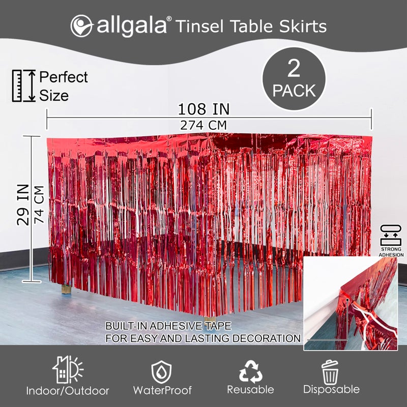 allgala Red Tinsel Table Skirt 2-Pack 29x108 Inch Metallic Foil Fringe Table Skirts for Party Event, Parade Float, Party Decoraton - Image 3